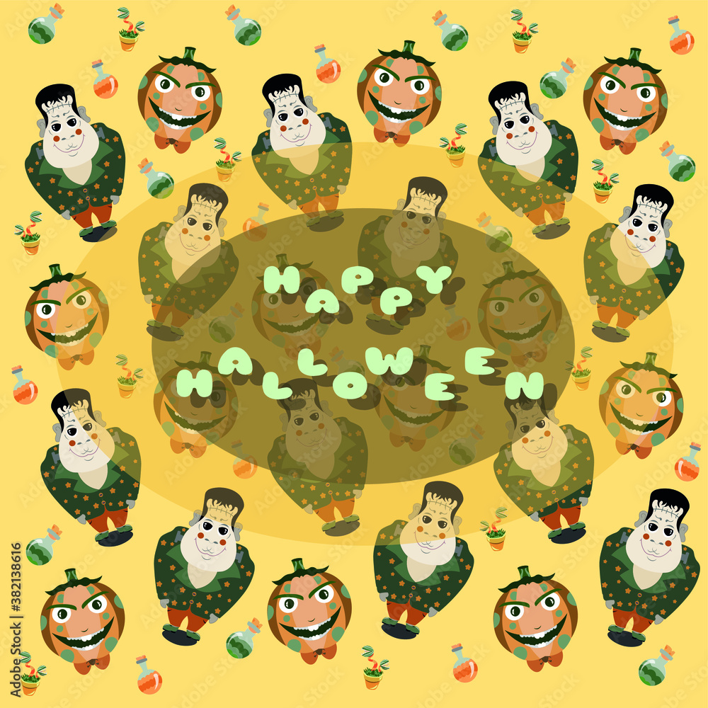 Naklejka premium Halloween pattern illustration with Frankenstein on the yellow colours with inscription