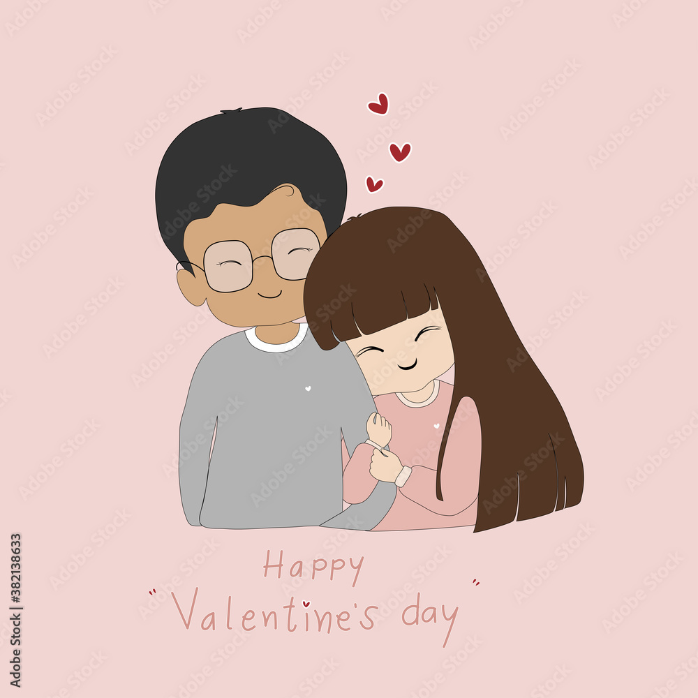 Kawaii Valentine'S Day.Lovely lovers girl and boy standing with smiling face on pink pastel background.Cute cartoon a couple hugging together with red heart.Vector illustration Romantic Greeting card. Kawaii Valentine'S Day.Lovely lovers girl and boy standing with smiling face on pink pastel background.Cute cartoon a couple hugging together with red heart.Vector illustration Romantic Greeting card.