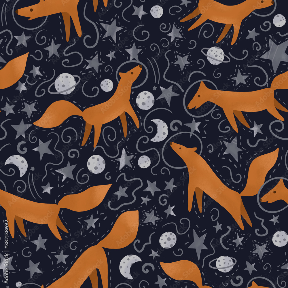 Obraz premium Little foxes in a space suit. Illustration in the Scandinavian style.Seamless pattern with astronauts on a starry background