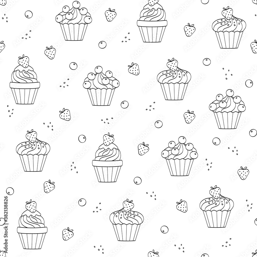 Seamless pattern with strawberry and blueberry cupcakes. Black outline on white, sketch, Doodle, vector illustration for textiles, coloring books and candy store decor.