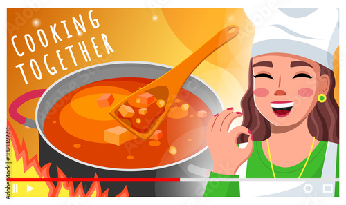 Young woman cook in cook cap makes video about cooking. Bogger chef shoots video master class for subscribers. Cooking online, blogging, food satisfaction. Blogger, streamer, model. Flat vector image