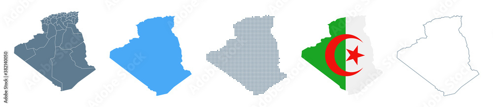 Algeria Map Set - Vector Solid, Contour, Regions, Flag, Pixels