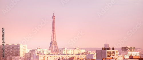 View of Eiffel Tower at sunrise in Paris, France.