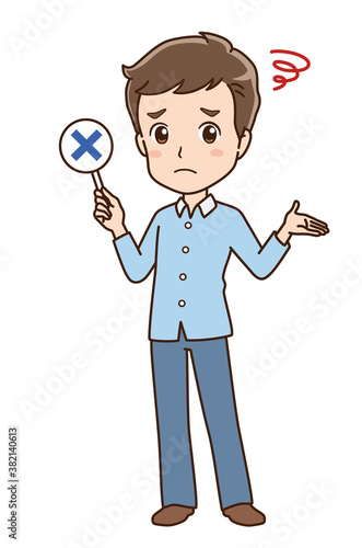 Illustration of a man holding up a card