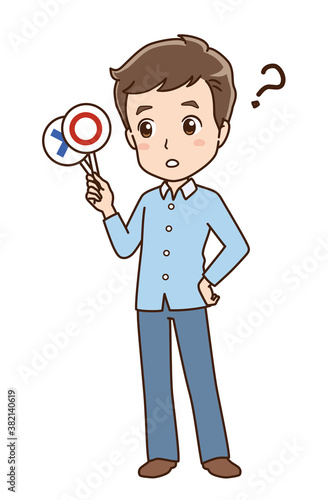 Illustration of a man holding up a card