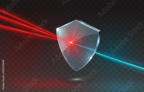 Laser beam with shield isolated on transparent background. Abstract red shine light ray, glow lazer flash effect and blue acrylic glass panel. Vector technology power protect icon