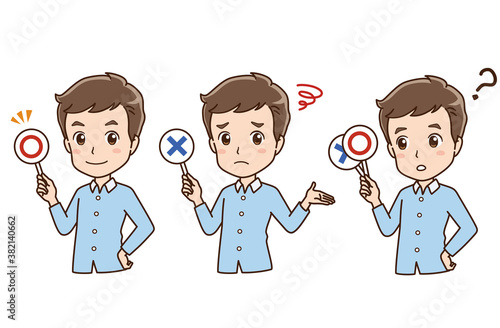 Illustration of a man holding up a card