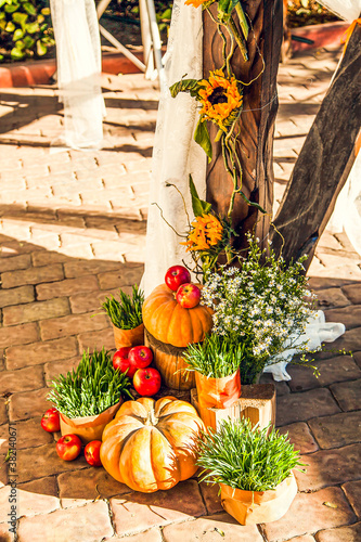 Wedding arch for off-site wedding ceremony, decorated in autumn theme with pumpkins