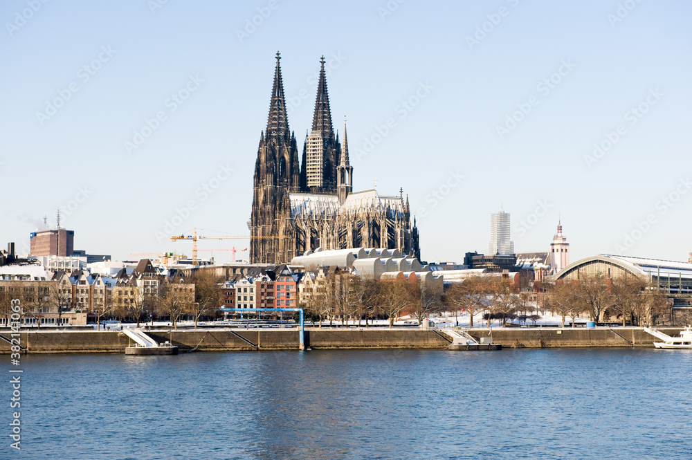 The cathedral of Cologne Germany in winter with snow on a sunny day.