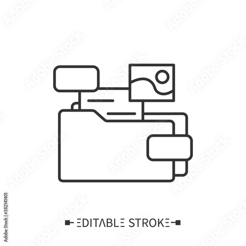 Portfolio icon. Folder with paper, pictures, recommendations, examples of work. Compilation of materials concept. Portable case for carrying documents. Isolated vector illustrations. Editable stroke 