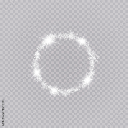 Round winter snow frame border with stars, sparkles and snowflakes on transparent background. Festive christmas banner, new year greeting card, postcard or invitation vector illustration
