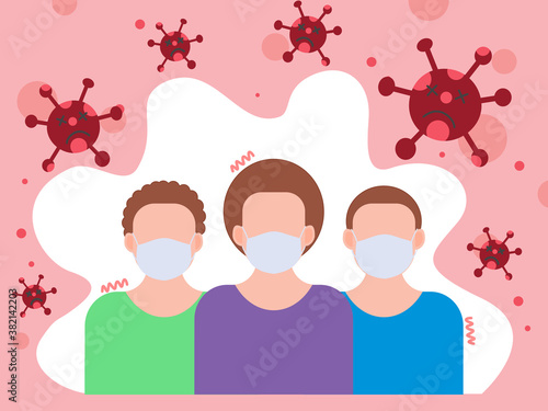 Concept of man's portrait in white protection face mask with virus on background. Coronavirus, covid-19. Vector illustration,