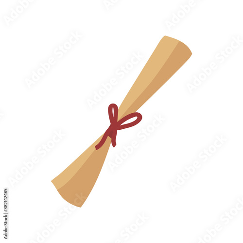 A rolled up scroll of old yellow paper with a red ribbon. A thin, graceful paper scroll with a magic spell.Vector illustration in flat style on white isolated background. Ideal for games and animation