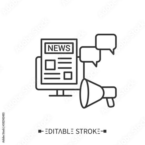 Press release icon. Newspaper with article, social media messages and megaphone.Outline drawing. Announcement providing information.Official statement concept.Isolated editable vector illustrations. 