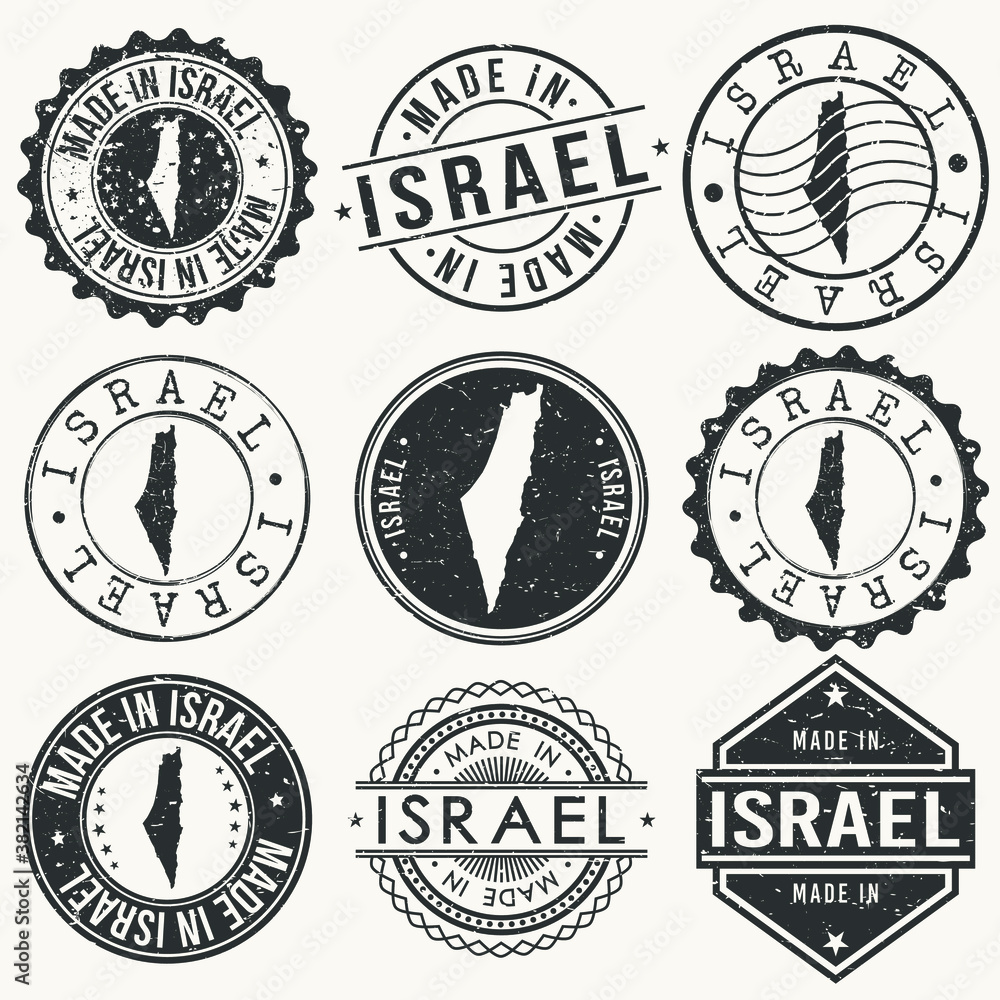 Israel Set of Stamps. Travel Stamp. Made In Product. Design Seals Old Style Insignia.
