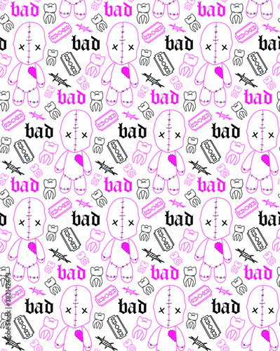 Voodoo doll seamless pattern in pink and black colors 