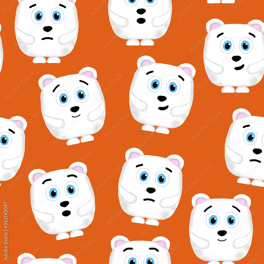 seamless pattern with emotive polar bears on an orange background