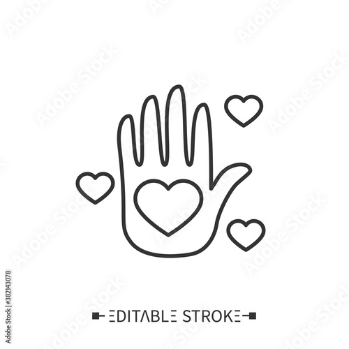 Participation in charity icon. Hand with hearts. Outline drawing. Donate to foundation. Humanitarian aid. Kindness and goodwill concept. Isolated vector illustrations. Editable stroke 