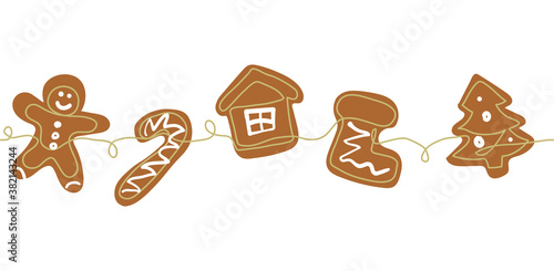 Gingerbread cookies christmas border. One continuous line drawing of baked ginger bread man, tree, house, sock. Line art background, border.