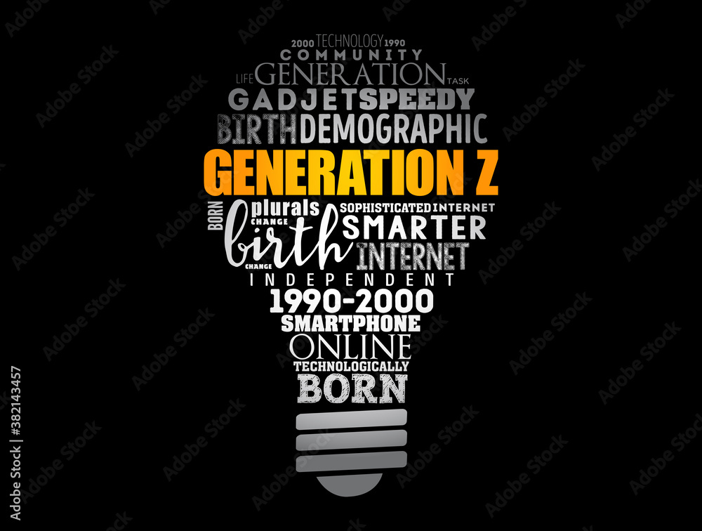 Generation Z light bulb word cloud collage, education concept background Generation Z light bulb word cloud collage, education concept background
