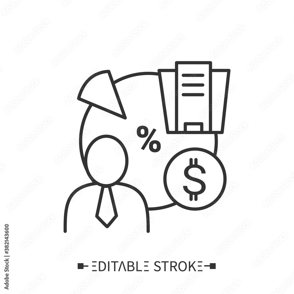 Stakeholder icon. Businessman with shares, stakes, percent of money income to company. Person who has investment in PR. Financial interest concept. Isolated vector illustration. Editable stroke 
