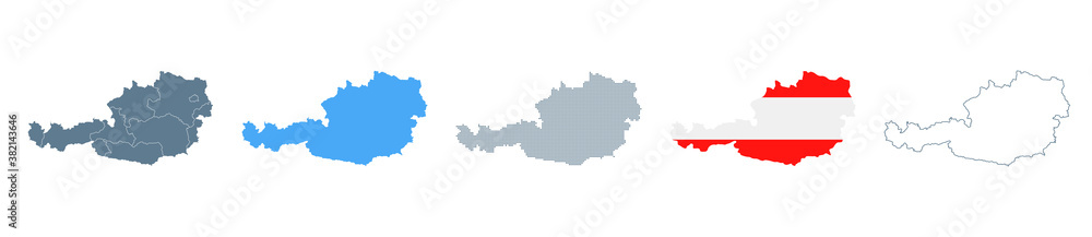 Austria Map Set - Vector Solid, Contour, Regions, Flag, Pixels