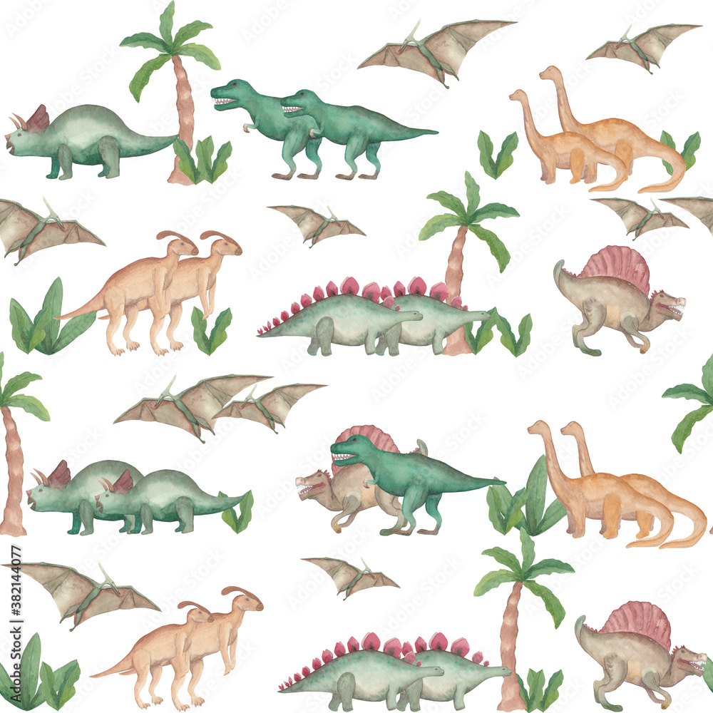 Watercolor seamless pattern dinosaurs Prehistoric animals Isolated on white background Hand painted illustration Perfect for design fabric, textile, paper, web, cards, wallpaper, invitation, other.