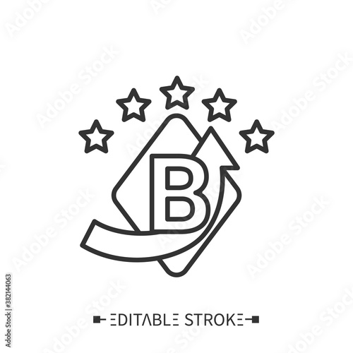 Brand image icon.Logo composed of letter B and arrow on diamond form background surrounded by five stars.Outline drawing.Client satisfaction level concept.Isolated vector illustrations.Editable stroke