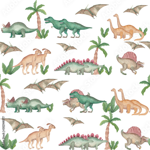 Watercolor seamless pattern dinosaurs Prehistoric animals Isolated on white background Hand painted illustration Perfect for design fabric, textile, paper, web, cards, wallpaper, invitation, other. © KsaeniaArt