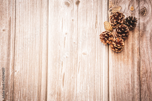 Pine cones on a wooden background with copy space, an autumn background