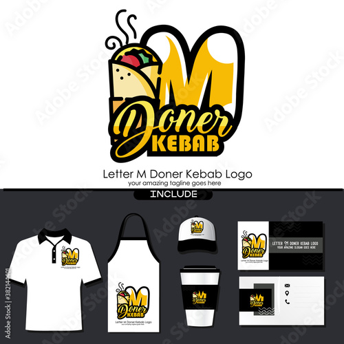 Letter M Meat Doner Kebab Dishes Vector Logo Design Illustration for Turkish and Arabian Fast Food Restaurant with Brand Identity Include Shirt. Apron. Hat. Cup. Business Card. Initial Typography Logo