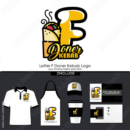 Letter F Meat Doner Kebab Dishes Vector Logo Design Illustration for Turkish and Arabian Fast Food Restaurant with Brand Identity Include Shirt. Apron. Hat. Cup. Business Card. Initial Typography Logo