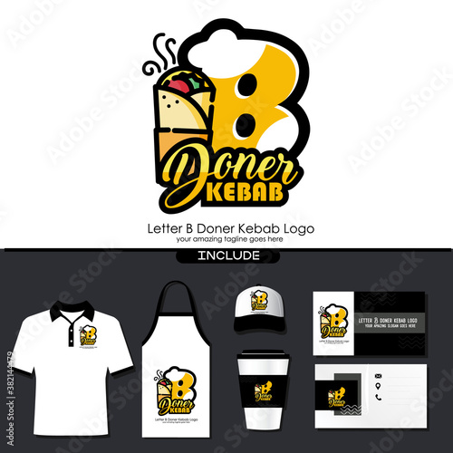Letter B Meat Doner Kebab Dishes Vector Logo Design Illustration for Turkish and Arabian Fast Food Restaurant with Brand Identity Include Shirt. Apron. Hat. Cup. Business Card. Initial Typography Logo