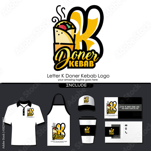 Letter K Meat Doner Kebab Dishes Vector Logo Design Illustration for Turkish and Arabian Fast Food Restaurant with Brand Identity Include Shirt. Apron. Hat. Cup. Business Card. Initial Typography Logo