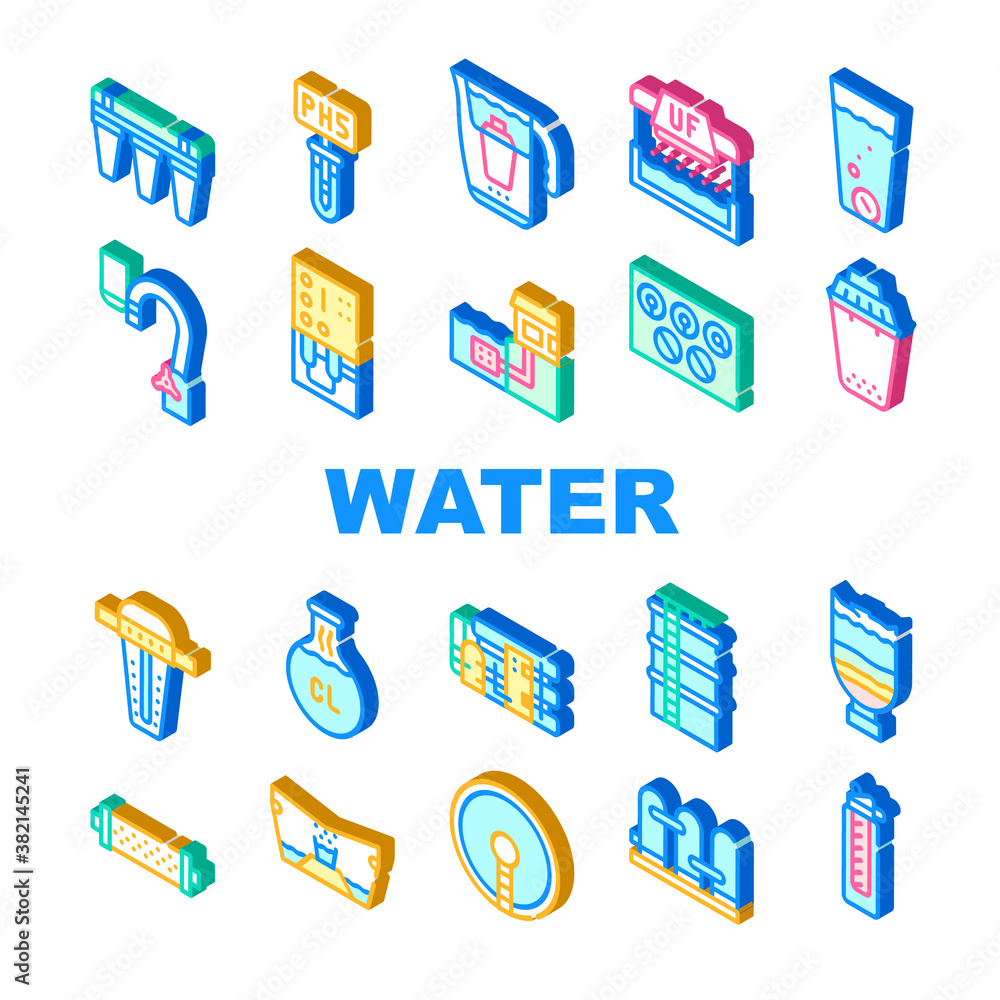 Fototapeta premium Water Treatment Filter Collection Icons Set Vector