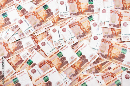 five thousand russian rubles banknotes background, top view