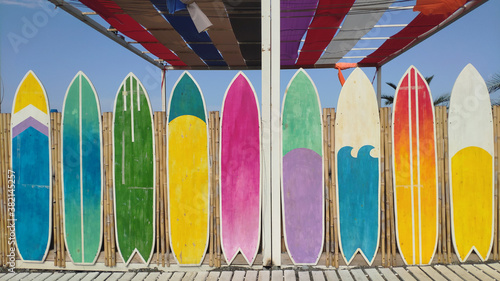 Valokuva surf board on beach. Bright wall of colored surfs on the beach