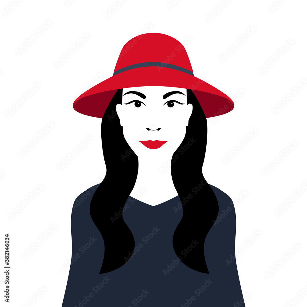Young woman with black long hair and smart eyes wears a red hat vector illustration Young woman with black long hair and smart eyes wears a red hat vector illustration