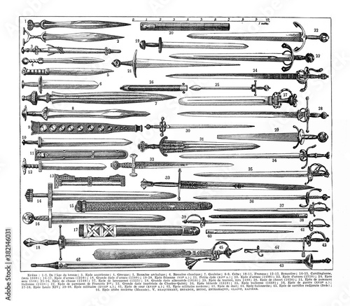 Roman swords collection with names / Antique engraved illustration from from La Rousse XX Sciele	