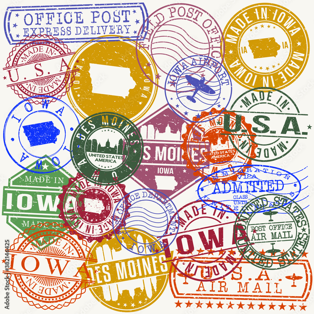 Des Moines Iowa Set of Stamps. Travel Stamp. Made In Product. Design Seals Old Style Insignia.