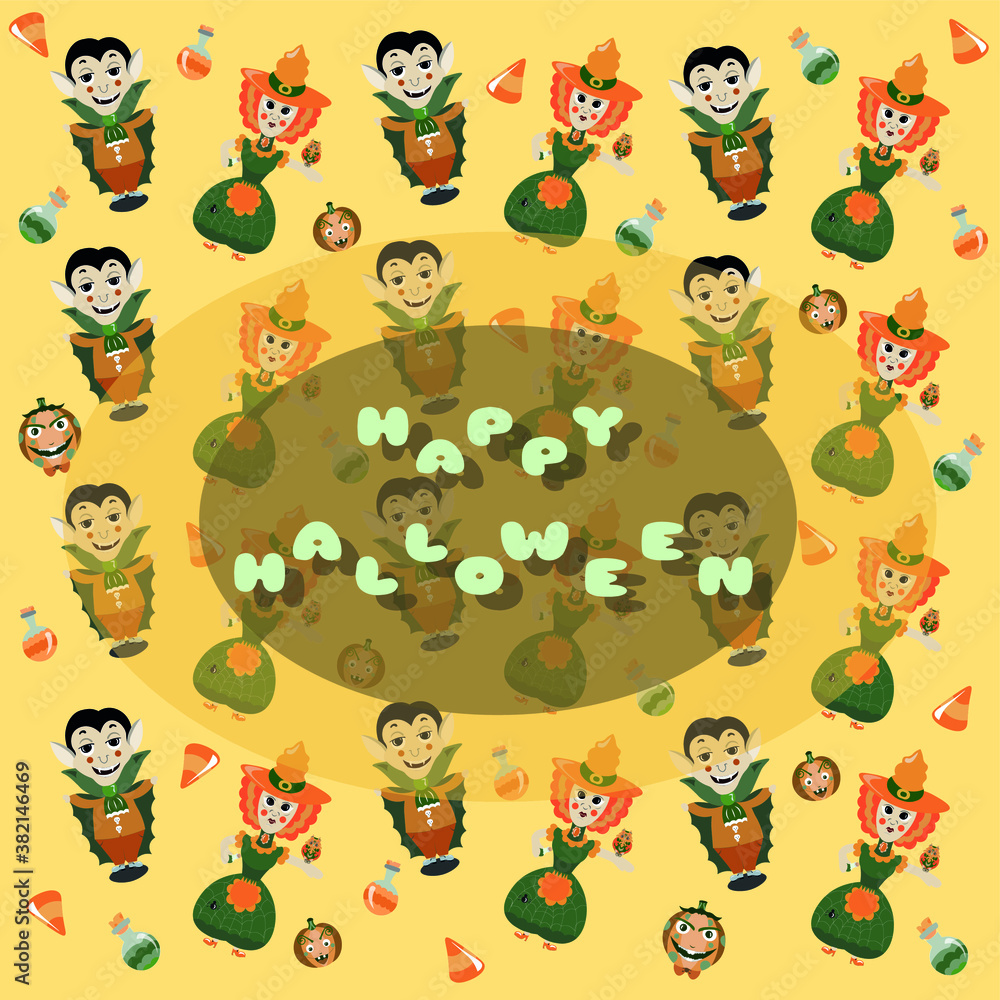 Obraz premium Halloween background pattern illustration with Dracula and witch on the yellow colours with inscription
