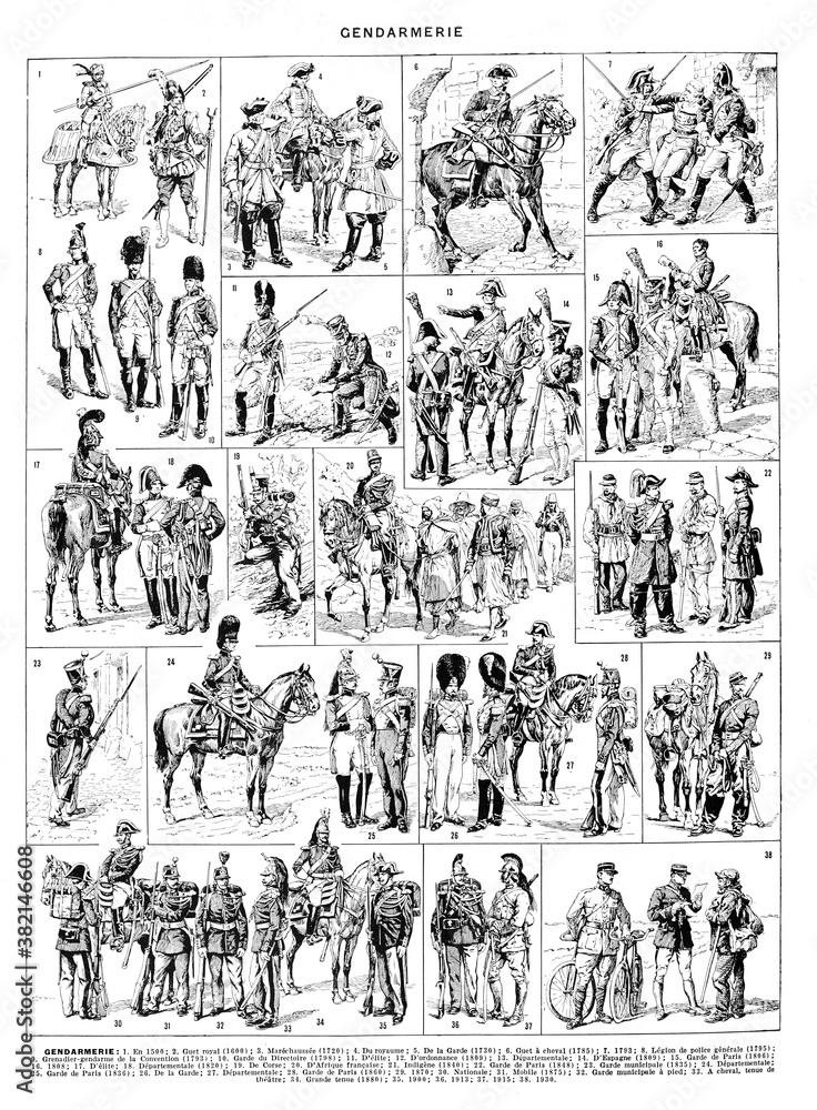 Police collage from 1500 to 1930 France / Antique engraved illustration from from La Rousse XX Sciele	 - obrazy, fototapety, plakaty 