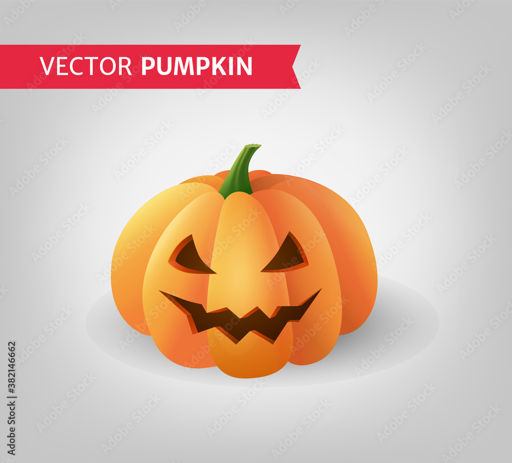 Beautiful orange Halloween pumpkin on a light gray background. Carved spooky Jack o'lantern for card or banner design. - Vector Beautiful orange Halloween pumpkin on a light gray background. Carved spooky Jack o'lantern for card or banner design. - Vector