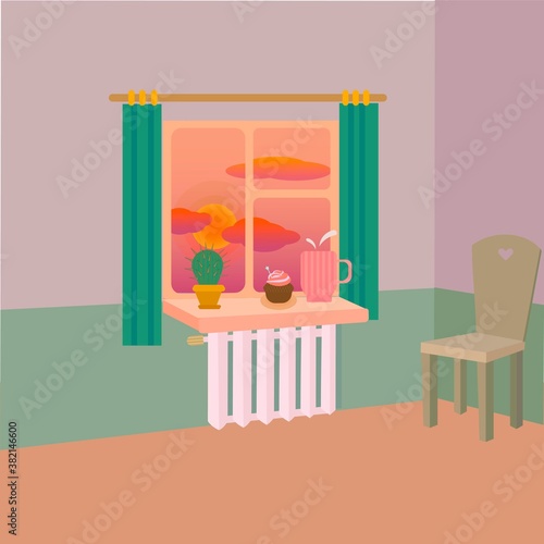 Vector image of a room with a view on a sunset and cactus, cake and cup on a windowsill