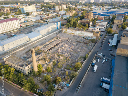 Aerial drone view. The destroyed workshop of the plant.