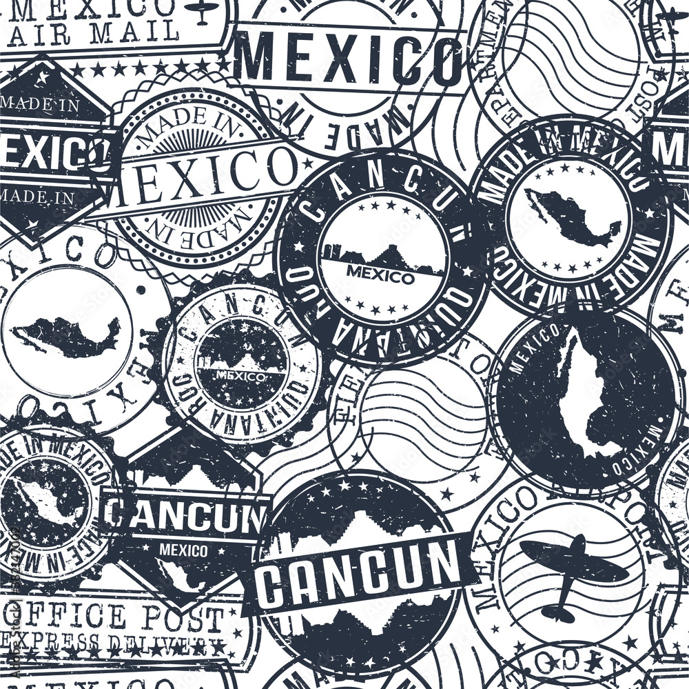 Cancun Mexico Stamps. City Stamp Vector Art. Postal Passport Travel. Design Set Pattern.