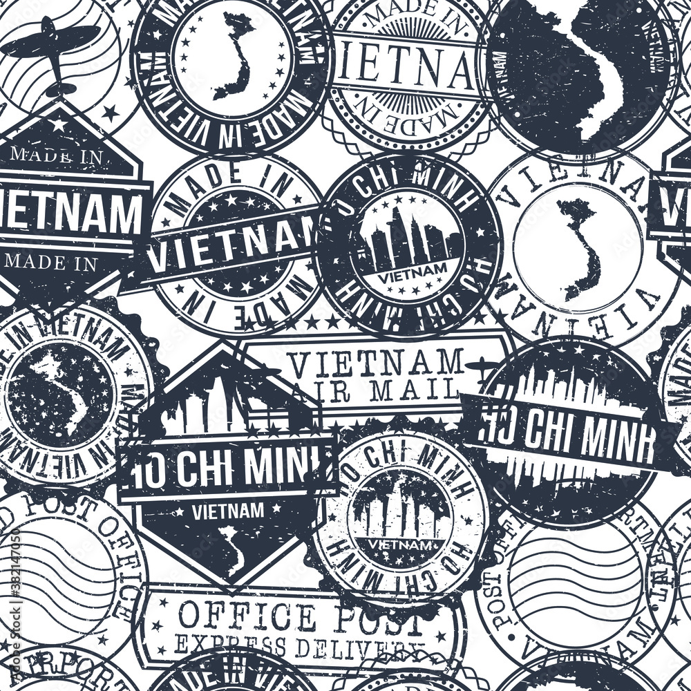 Ho Chi Minh Vietnam Stamps. City Stamp Vector Art. Postal Passport Travel. Design Set Pattern.