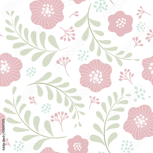 北欧風のかわいい花のシームレスパターン A 白地