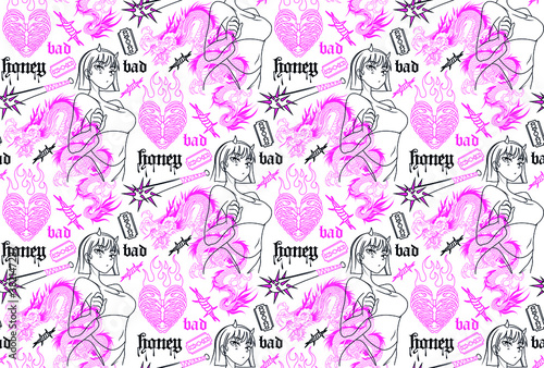 Seamless pattern with dragon, heart, girl and honey text 