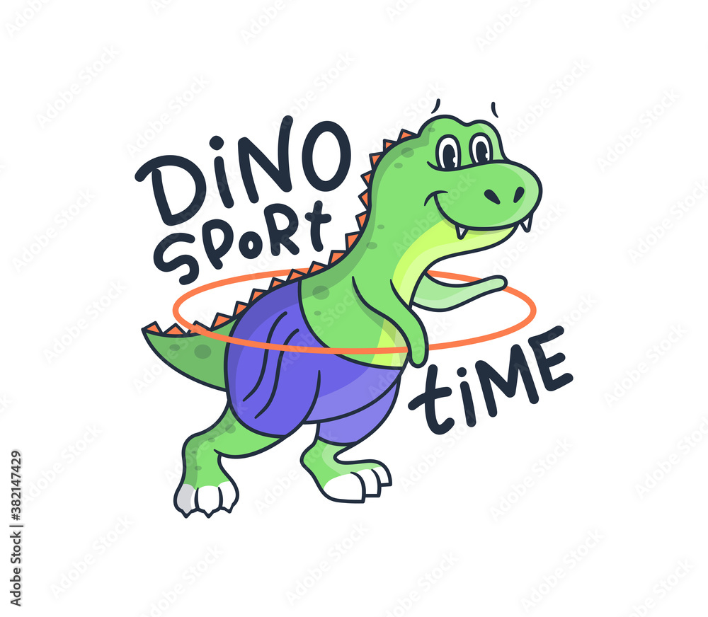 Obraz premium The cute woman dino does fitness exercises. Cartoonish sport dinosaur 